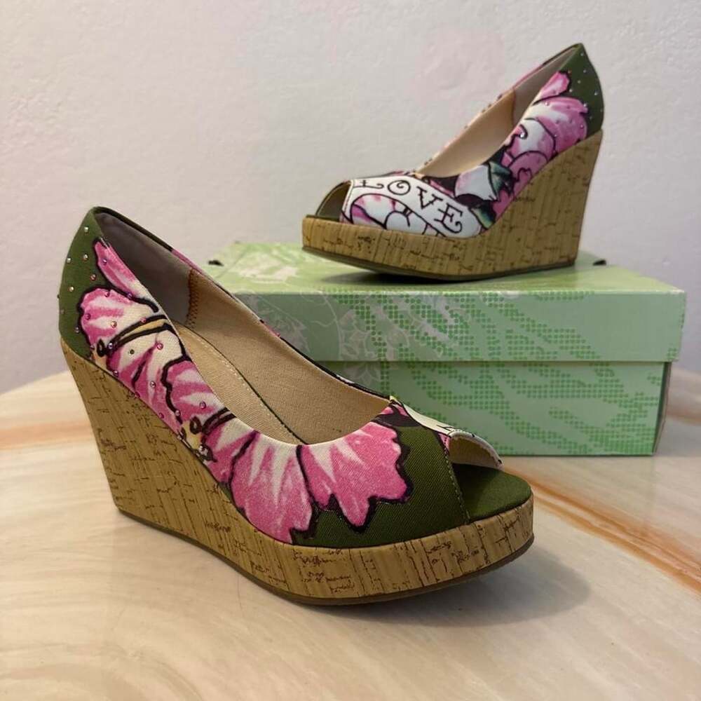 Ed Hardy Peep Toe Wedges Size 7 Green Pink Floral